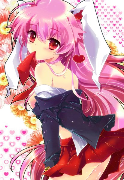 Anime picture 724x1050 with touhou reisen udongein inaba ichiyou moka single long hair tall image looking at viewer blush light erotic red eyes bare shoulders holding animal ears pink hair bunny ears mouth hold bunny girl girl skirt flower (flowers)