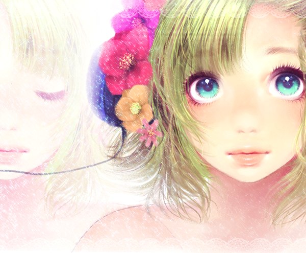 Anime picture 1000x825 with vocaloid gumi minami haruya single looking at viewer blush short hair bare shoulders eyes closed hair flower aqua eyes green hair close-up face girl hair ornament flower (flowers) headphones wire (wires) lace