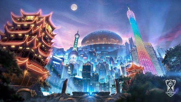 Anime picture 2560x1440 with league of legends tagme (artist) highres wide image sky no people city lights architecture logo plant (plants) tree (trees) building (buildings) moon skyscraper