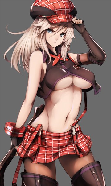 Anime picture 1200x1997 with god eater god eater burst ufotable alisa ilinichina amiella snm (sunimi) single long hair tall image fringe breasts blue eyes light erotic simple background hair between eyes large breasts standing white hair grey background underboob plaid skirt