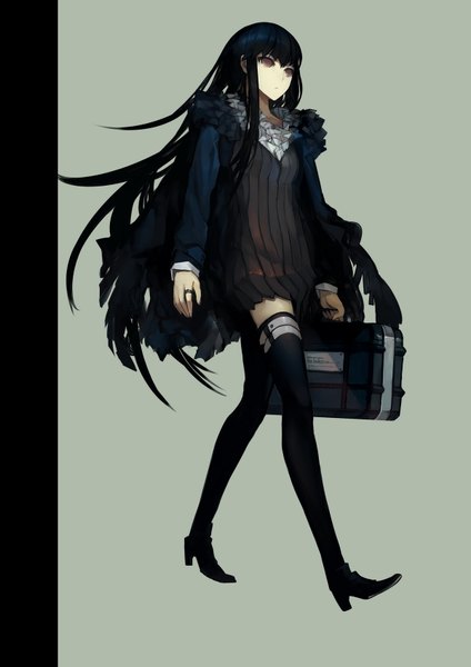 Anime picture 1200x1697 with original kiwamu single long hair tall image black hair brown eyes looking away open clothes open jacket walking girl thighhighs dress black thighhighs boots bag ring