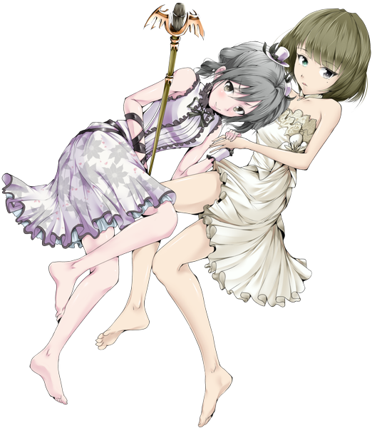 Anime picture 1500x1723 with solru (tyappygain) tall image looking at viewer short hair brown hair multiple girls brown eyes barefoot grey hair legs transparent background girl dress 2 girls hat staff