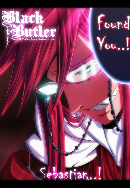 Anime picture 1000x1444 with kuroshitsuji a-1 pictures grell sutcliff nuclearagent single long hair tall image smile yellow eyes pink hair inscription grin coloring letterboxed close-up face manga boy glasses speech bubble