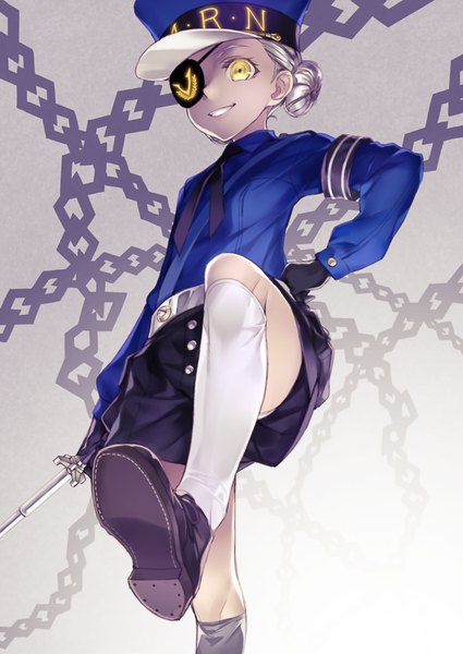 Anime picture 1062x1500 with persona 5 persona caroline (persona 5) single tall image smile standing yellow eyes looking away silver hair bent knee (knees) from below hair bun (hair buns) flat chest standing on one leg leg lift (legs lift) clenched teeth girl gloves uniform