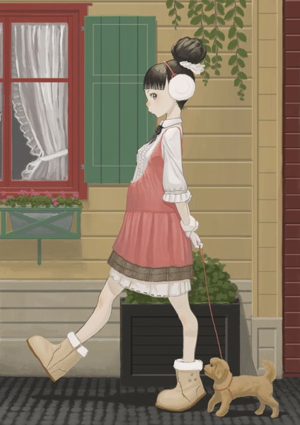 Anime picture 1200x1697 with original jonsun single long hair tall image looking at viewer black hair profile black eyes hair bun (hair buns) walking girl ribbon (ribbons) animal boots window leaf (leaves) dog costume