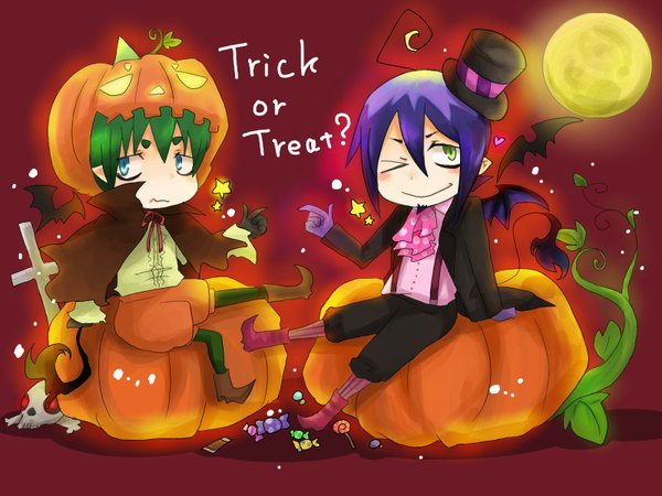 Anime picture 1600x1200 with ao no exorcist a-1 pictures mephisto pheles amaimon tagme (artist) short hair green eyes blue hair tail one eye closed aqua eyes green hair wink halloween cosplay bat wings skull and crossbones trick or treat thighhighs hat