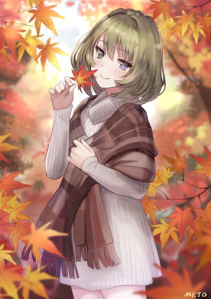 Anime picture 700x990 with idolmaster idolmaster cinderella girls takagaki kaede meto31 single tall image looking at viewer blush fringe short hair smile brown hair signed long sleeves head tilt arm up blurry mole depth of field mole under eye