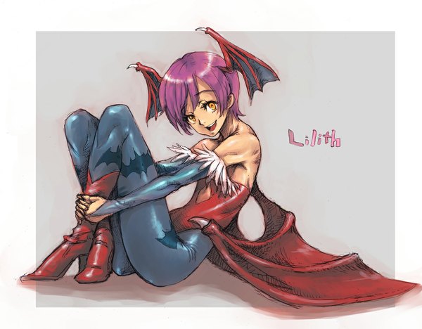Anime picture 1000x780 with vampire / darkstalkers (game) capcom lilith aensland boyaking(sbf) single looking at viewer short hair open mouth simple background bare shoulders purple hair orange eyes border demon girl head wings girl detached sleeves wings boots