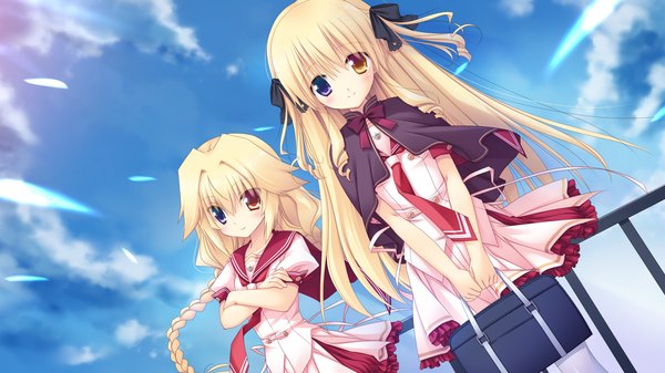 Anime picture 1280x720 with yumeiro alouette! hououin suzume long hair blonde hair wide image multiple girls game cg cloud (clouds) braid (braids) heterochromia girl uniform bow 2 girls hair bow school uniform school bag