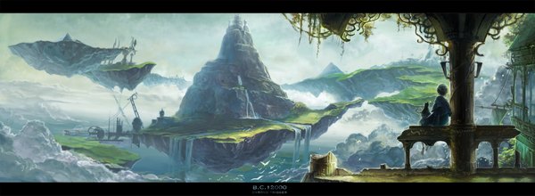 Anime picture 1915x705 with chrono trigger kaiko (gami770) highres short hair wide image sitting sky cloud (clouds) barefoot from behind mountain landscape scenic waterfall panorama floating island animal water bird (birds) cat
