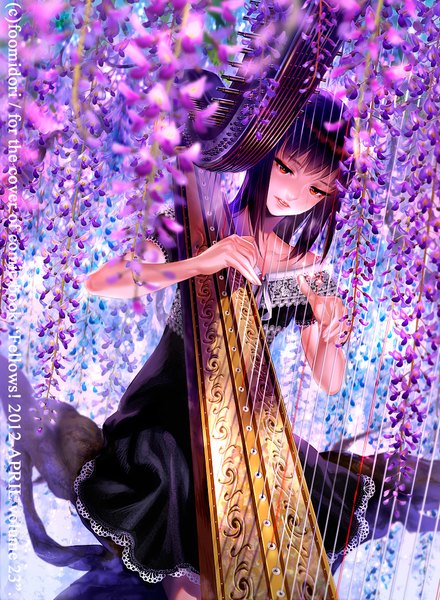 Anime picture 734x1000 with original midori foo single long hair tall image fringe red eyes brown hair signed parted lips head tilt watermark looking down playing instrument girl dress flower (flowers) black dress musical instrument lace
