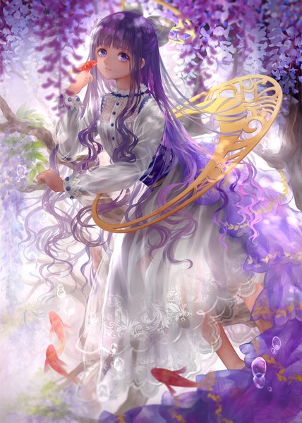 Anime picture 1148x1610 with card captor sakura clamp daidouji tomoyo jyuui single tall image looking at viewer purple eyes purple hair very long hair half updo girl dress flower (flowers) bow hair bow animal white dress fish (fishes)