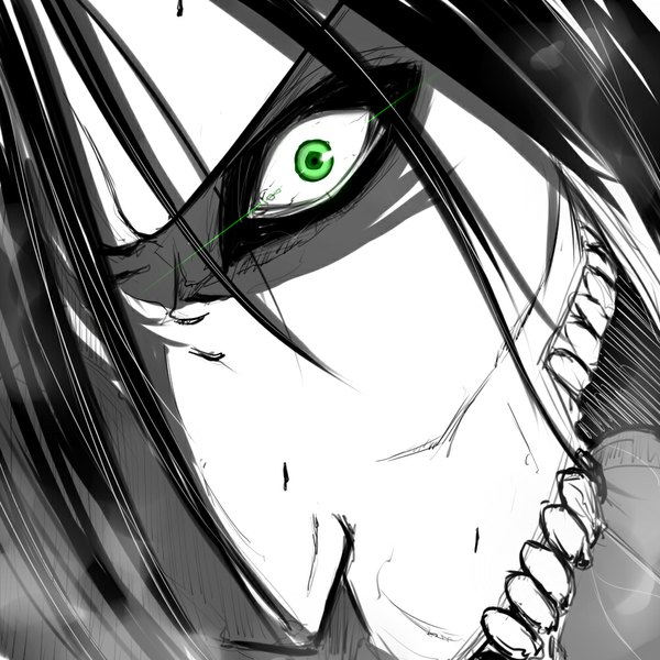 Anime picture 1000x1000 with shingeki no kyojin production i.g eren yaeger rogue titan isshiki (ffmania7) single looking at viewer fringe short hair open mouth black hair green eyes hair over one eye teeth portrait close-up face saliva white skin sketch