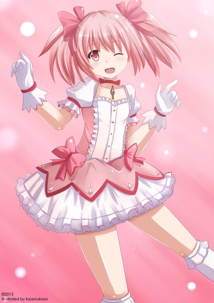 Anime picture 1000x1412 with mahou shoujo madoka magica shaft (studio) kaname madoka kazenokaze single tall image blush short hair open mouth smile twintails pink hair one eye closed pink eyes wink girl dress gloves bow hair bow