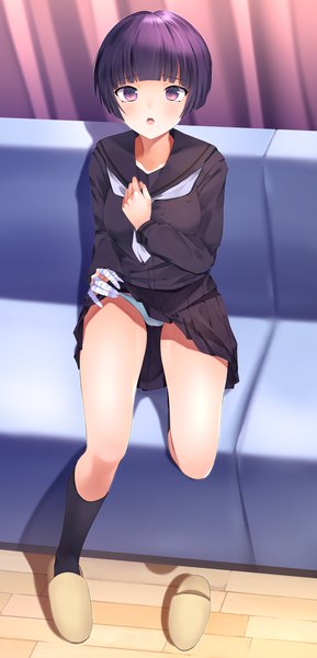 Anime picture 1400x2899 with eromanga sensei a-1 pictures senju muramasa nishinomiya suzu single tall image looking at viewer blush fringe short hair open mouth light erotic purple eyes purple hair full body bent knee (knees) blunt bangs pantyshot skirt lift girl