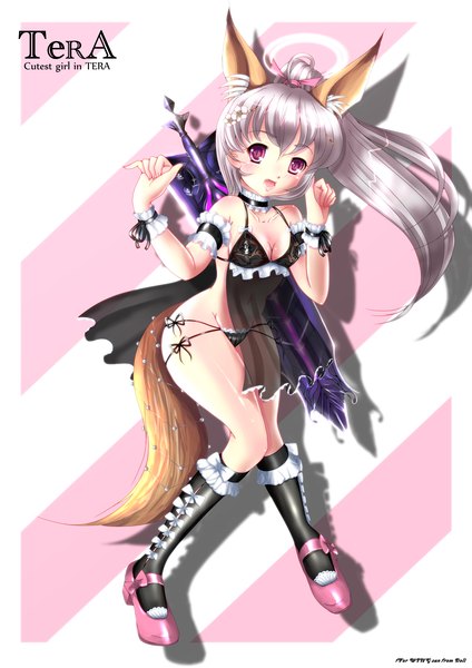 Anime picture 2894x4093 with tera online doll (artist) single long hair tall image looking at viewer blush highres open mouth light erotic animal ears silver hair ponytail animal tail pink eyes legs girl underwear panties sword