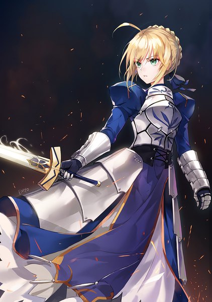 Anime picture 800x1136 with fate (series) fate/grand order artoria pendragon (all) saber emyo single tall image fringe short hair simple background blonde hair green eyes payot looking away ahoge black background girl ribbon (ribbons) weapon hair ribbon