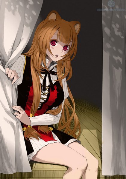 Anime picture 899x1280 with tate no yuusha no nariagari kinema citrus raphtalia minami seira single long hair tall image looking at viewer blush fringe breasts open mouth red eyes brown hair large breasts sitting animal ears looking away long sleeves bare legs
