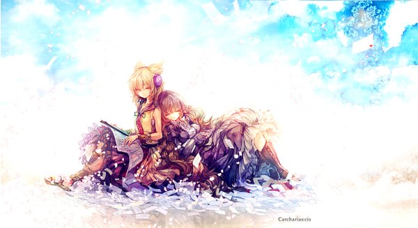 Anime picture 1247x680 with touhou hijiri byakuren toyosatomimi no miko cis (carcharias) long hair short hair black hair simple background blonde hair brown hair wide image sitting multiple girls yellow eyes eyes closed sleeping girl dress 2 girls petals