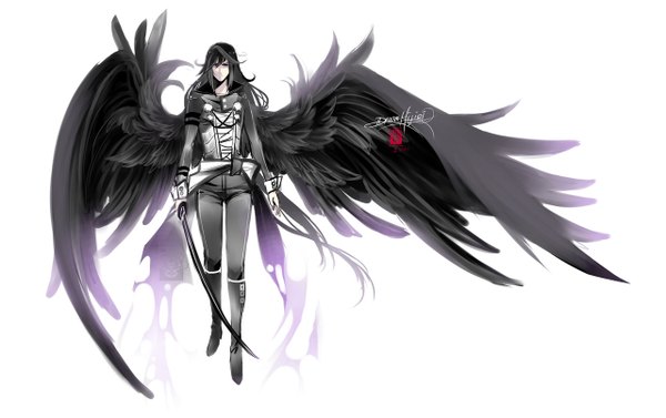 Anime picture 1280x805 with original neobirdy (artist) single long hair black hair simple background standing white background green eyes very long hair aqua eyes grey hair angel wings black wings boy weapon sword wings katana knee boots