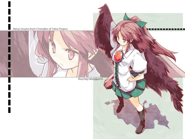 Anime picture 1600x1200 with touhou reiuji utsuho mizoguchi keiji long hair red eyes standing red hair pleated skirt from above shadow zoom layer hands on hips arm cannon girl skirt bow shirt wings green skirt