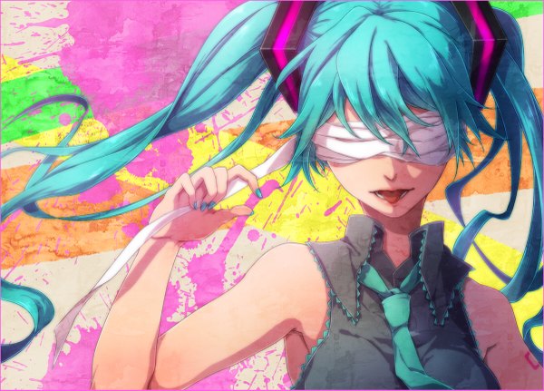 Anime picture 1200x863 with vocaloid hatsune miku single twintails bare shoulders eyes closed very long hair aqua hair :p bandage over eyes girl necktie vest