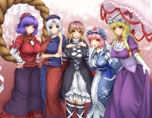 Anime picture 1665x1294 with touhou yakumo yukari saigyouji yuyuko hijiri byakuren yasaka kanako yagokoro eirin miyako ji long hair blush short hair blue eyes blonde hair red eyes brown hair multiple girls pink hair purple hair white hair one eye closed wink