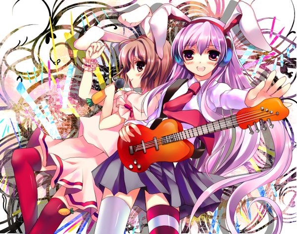 Anime picture 2716x2149 with touhou reisen udongein inaba inaba tewi azumi kazuki long hair blush highres open mouth red eyes brown hair multiple girls animal ears purple hair bunny ears bunny girl girl thighhighs 2 girls striped thighhighs microphone
