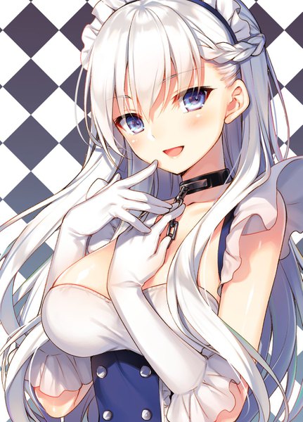 Anime picture 907x1262 with azur lane belfast (azur lane) toosaka asagi single long hair tall image looking at viewer blush fringe breasts open mouth blue eyes light erotic hair between eyes large breasts cleavage upper body white hair braid (braids) maid