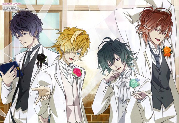 Anime picture 3000x2068 with diabolik lovers idea factory mukami ruki mukami kou mukami yuuma mukami azusa tagme (artist) looking at viewer fringe highres short hair open mouth blue eyes black hair blonde hair hair between eyes red eyes brown hair purple eyes holding