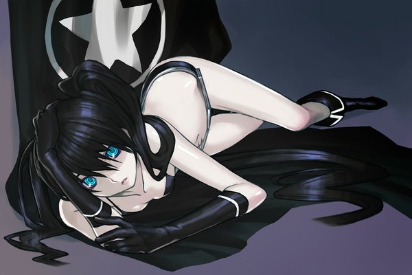 Anime picture 1170x780 with black rock shooter black rock shooter (character) single long hair open mouth blue eyes light erotic black hair twintails lying legs girl gloves swimsuit bikini elbow gloves boots thigh boots flag