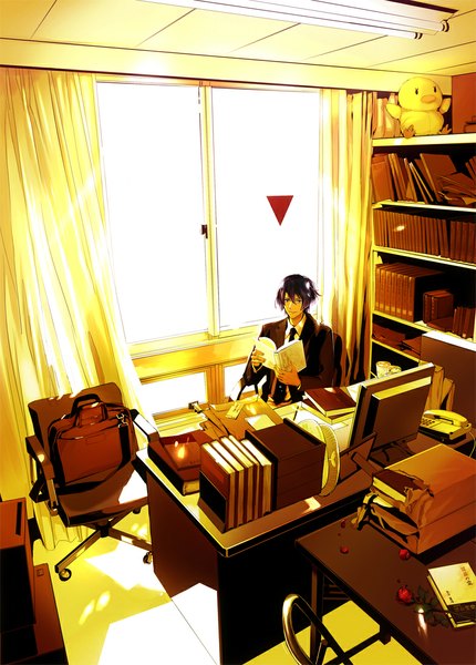 Anime picture 782x1091 with uta no prince-sama a-1 pictures hijirikawa masato single tall image short hair smile sitting purple eyes holding purple hair sunlight reading boy flower (flowers) shirt petals necktie window white shirt