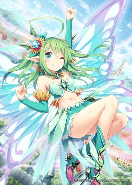 Anime picture 571x800 with shinkai no valkyrie pixie servant (shinkai no valkyrie) akkijin single long hair tall image looking at viewer blush fringe blue eyes light erotic smile hair between eyes bare shoulders payot sky cloud (clouds) full body bent knee (knees) outdoors