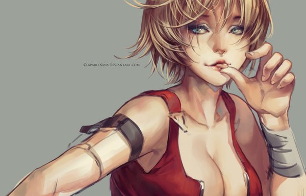 Anime picture 1554x995 with dons of desperado (game) claparo-sans single short hair breasts blue eyes light erotic blonde hair simple background looking away cleavage inscription finger to mouth eyeshadow girl tongue bandage (bandages) armband