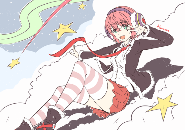 Anime picture 1052x744 with hananon single looking at viewer fringe short hair open mouth smile green eyes pink hair girl thighhighs shirt necktie white shirt headphones star (symbol) striped thighhighs