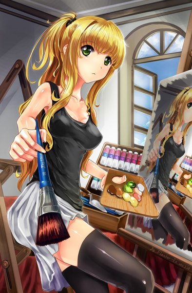 Anime picture 1346x2048 with original flanker single long hair tall image blonde hair green eyes ponytail portrait girl thighhighs skirt black thighhighs miniskirt window picture paintbrush art brush