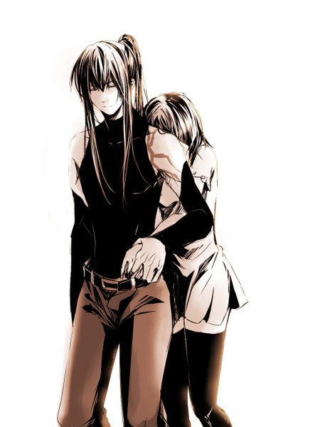 Anime picture 1050x1400 with d.gray-man kanda yuu lenalee lee long hair tall image short hair black hair simple background white background bare shoulders payot ponytail eyes closed tattoo zettai ryouiki couple holding hands monochrome girl thighhighs