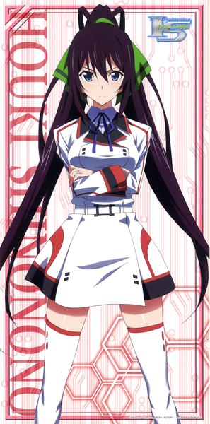 Anime picture 2152x4344 with infinite stratos 8bit shinonono houki single long hair tall image looking at viewer highres blue eyes purple hair ponytail crossed arms girl thighhighs uniform school uniform white thighhighs