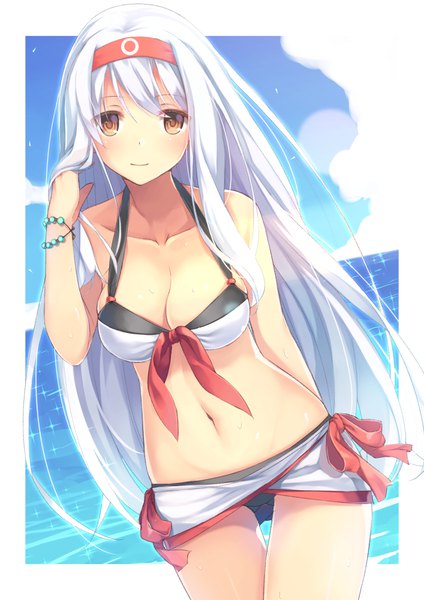 Anime picture 707x1000 with kantai collection shoukaku aircraft carrier gyuunyuu bin single long hair tall image blush breasts light erotic large breasts brown eyes white hair sparkle adjusting hair border girl navel swimsuit bikini bracelet