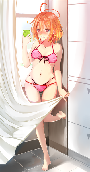 Anime picture 632x1200 with amagi brilliant park kyoto animation salama (amaburi) miyabi (miyabi) single tall image blush short hair open mouth light erotic red eyes bare shoulders ahoge barefoot sunlight orange hair bare belly bare legs embarrassed sunbeam