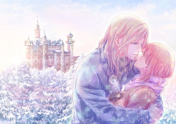 Anime picture 1024x725 with uta no prince-sama a-1 pictures nanami haruka (uta no prince-sama) camus john luke long hair blush blue eyes blonde hair smile signed yellow eyes pink hair sky profile couple hug dated snowing winter