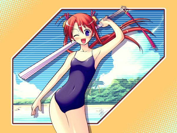 Anime picture 1024x768 with mahou sensei negima! kagurazaka asuna open mouth blue eyes smile twintails red hair one eye closed wink armpit (armpits) swimsuit harisen