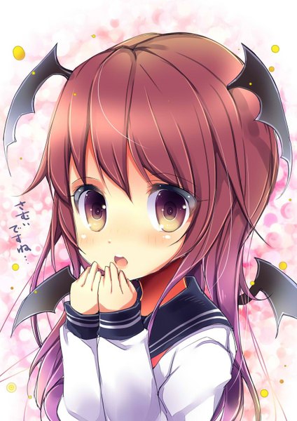 Anime picture 1018x1440 with touhou koakuma uta (kuroneko) single long hair tall image looking at viewer blush open mouth brown eyes red hair shiny skin portrait bat wings head wings hand on face surprised girl uniform wings