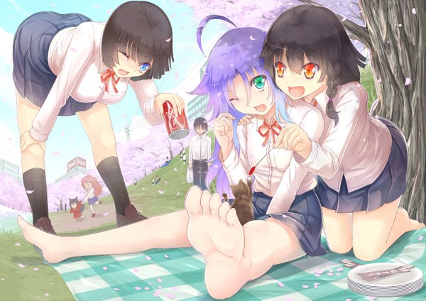 Anime picture 1263x893 with original sts long hair short hair open mouth blue eyes black hair red eyes standing sitting multiple girls green eyes purple hair ahoge one eye closed wink arm support legs cherry blossoms bent over