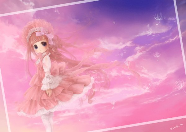 Anime picture 1228x868 with original kabasawa kina (artist) single long hair looking at viewer blush fringe blue eyes standing pink hair sky cloud (clouds) very long hair wind framed curly hair girl thighhighs dress hair ornament