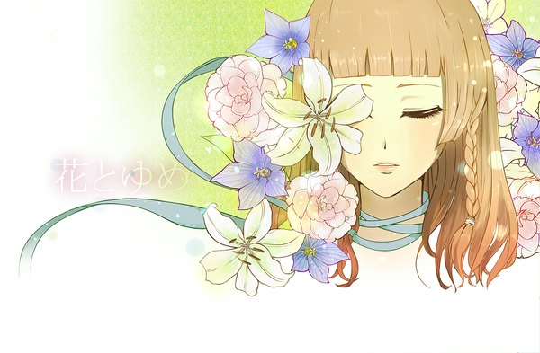 Anime picture 1102x722 with amnesia idea factory heroine (amnesia) single fringe short hair brown hair wide image braid (braids) eyes closed hair flower lips hieroglyph side braid glow girl hair ornament flower (flowers) ribbon (ribbons) lily (flower)