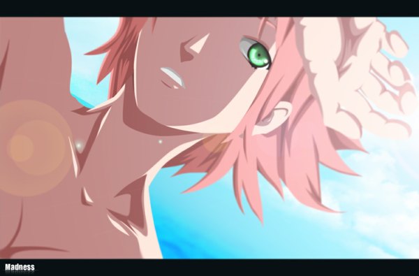 Anime picture 1190x784 with naruto studio pierrot naruto (series) haruno sakura madnesssss single short hair bare shoulders green eyes pink hair sky cloud (clouds) sunlight coloring portrait face girl