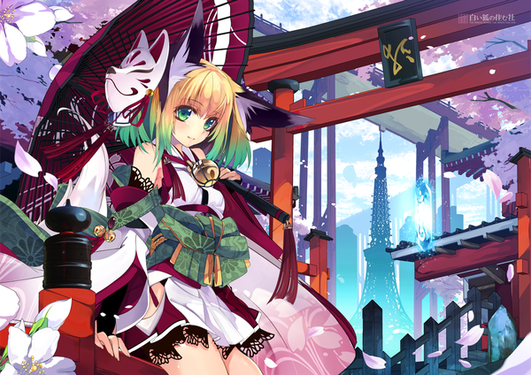 Anime picture 1000x707 with original shirokitsune single looking at viewer short hair blonde hair bare shoulders holding green eyes animal ears payot cloud (clouds) long sleeves traditional clothes japanese clothes multicolored hair green hair fox ears cherry blossoms city