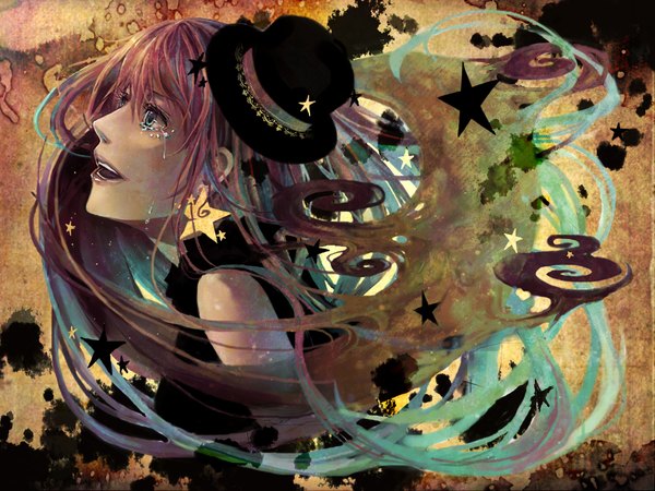 Anime picture 1024x768 with vocaloid hatsune miku megurine luka ena1215 blue eyes bare shoulders pink hair very long hair multicolored hair aqua hair crying girl hat earrings star (symbol)