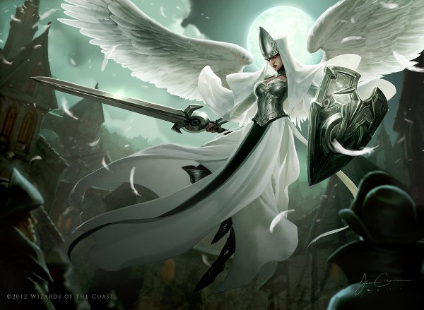 Anime picture 1200x878 with original jason chan single flying angel wings angel blank eyes girl weapon sword wings armor moon feather (feathers) full moon veil armored dress shield